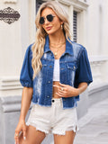 Distressed Raw Hem Button Up Denim Jacket