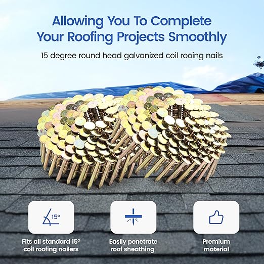 meite 7,200PCS Coil Roofing Nails 1-1/4 Inch Leg for Roofing Nailer Gun, 15 Degree Round Head Wire-Weld Collated Roofing Nails, Smooth Shank Electro Galvanized Nails for Roofs Repair Asphalt Shingles