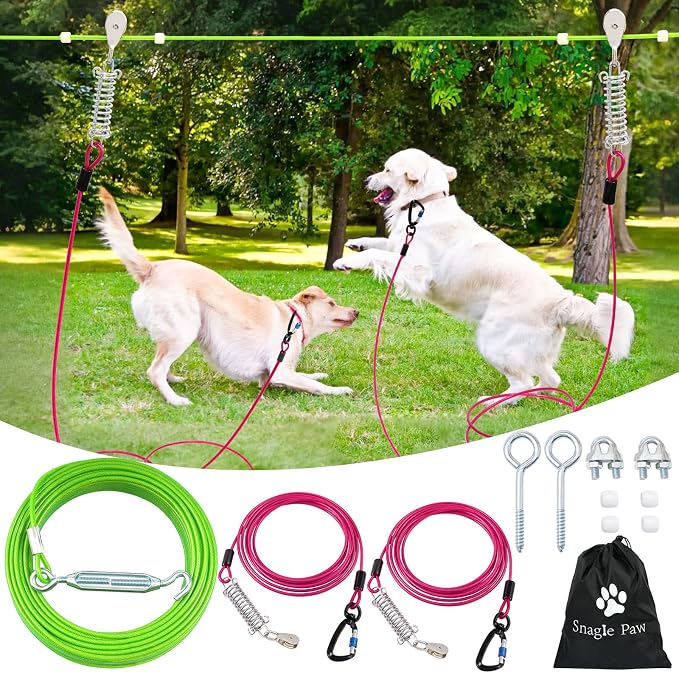 Snagle Paw Heavy Duty Dog Runner for Yard,150ft Dog Run Cable with 10ft & 10ft Pulley for Large Dogs Up to 250lbs, Aerial Zip Line for Backyard, Trolley System for Camping, Park, Outside