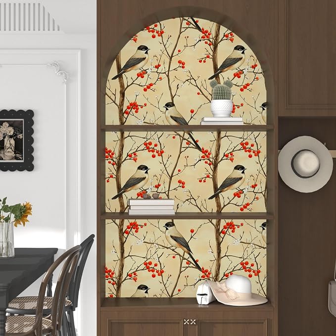 Yellow Bird Wallpaper Peel and Stick, Vintage Tree Botanical Contact Paper 17.5" x 393", Retro Floral Fruits Wall Paper Self Adhesive Removable Waterproof for Bedroom Walls Shelf Cabinet Drawer Table
