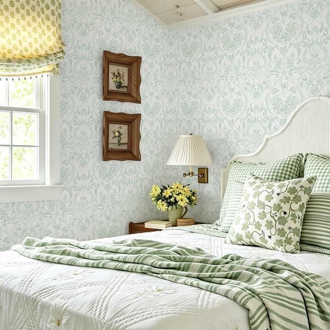 Ismoon Peel and Stick Wallpaper Green Contact Paper 17.3in x 6.56ft Vintage Floral Wallpaper Boho Damask Removable Textured Wall Paper for Bedroom Bathroom Shelf Cabinet Décor