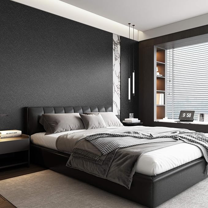 Abyssaly 35.4" x 118" Black Silk Wallpaper Peel and Stick Embossed Self Adhesive Black Contact Paper Removable Kitchen Vinyl Textured Wall Paper Cabinet Furniture Shelf Liner