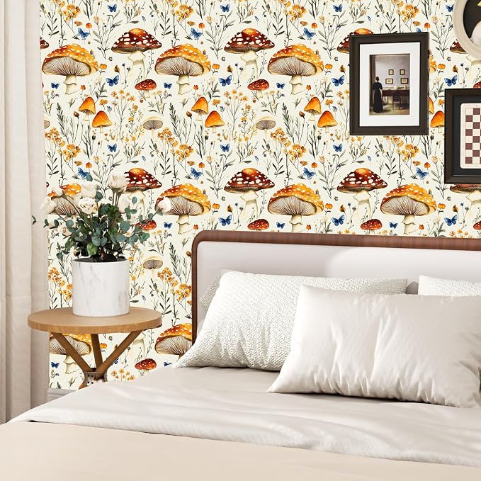 BOKEBEVE Mushoroom Wallpaper Peel n Stick Boho Beige Yellow 17.5 x 393.5In | Extra Long Removable Renter Friendly Vintage Floral Wall Paper for Bedroom Bathroom Cabinet Drawer Feature Accent Wall