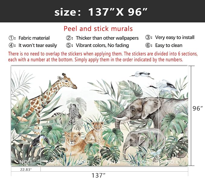 YIHWM-Peel and Stick Animal Wallpaper Tropical Rainforest Zoo Theme Mural | Tear-resistant,with a substantial feel;Will not be damaged during repositioning.Boy's Room,kids room wallpaper.L-137"x96"