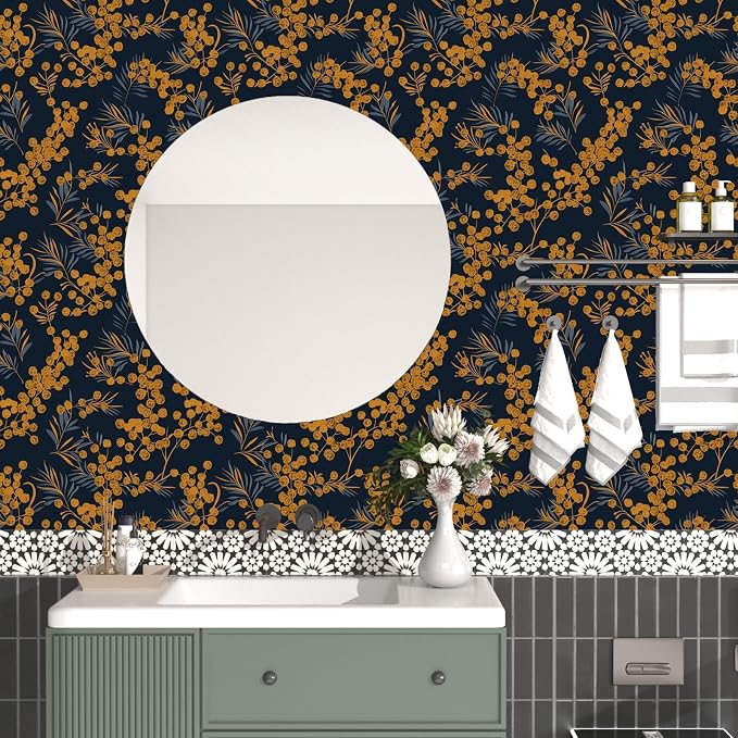 Dark Gold Floral Leaf Vintage Wallpaper Peel and Stick 17.5" × 393" | Self Adhesive/Removable/Waterproof/Thick Vinyl Contact Paper for Bathroom Bedroom Shelf Cabinet Drawer,Prepasted,Easy Peel