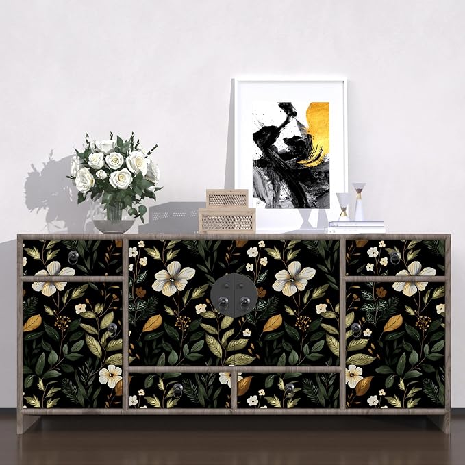 Dark Green Floral Leaf Vintage Wallpaper Peel and Stick 17.5''x118'' | Self Adhesive/Removable/Waterproof/Thick Vinyl Contact Paper for Bathroom Bedroom Shelf Cabinet Drawer,Prepasted,Easy Peel
