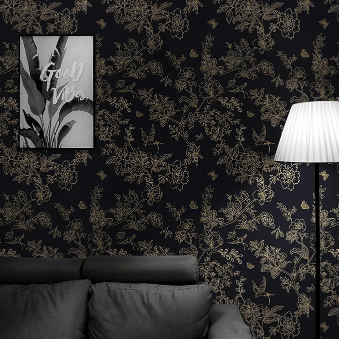 Froluya Black and Gold Wallpaper Peel and Stick Wallpaper 17.7"x590.5" Vintage Floral Boho Peel and Stick Wall Paper Dark Removable Self Adhesive Contact Paper for Bedroom Cabinets Shelf Liner Vinyl