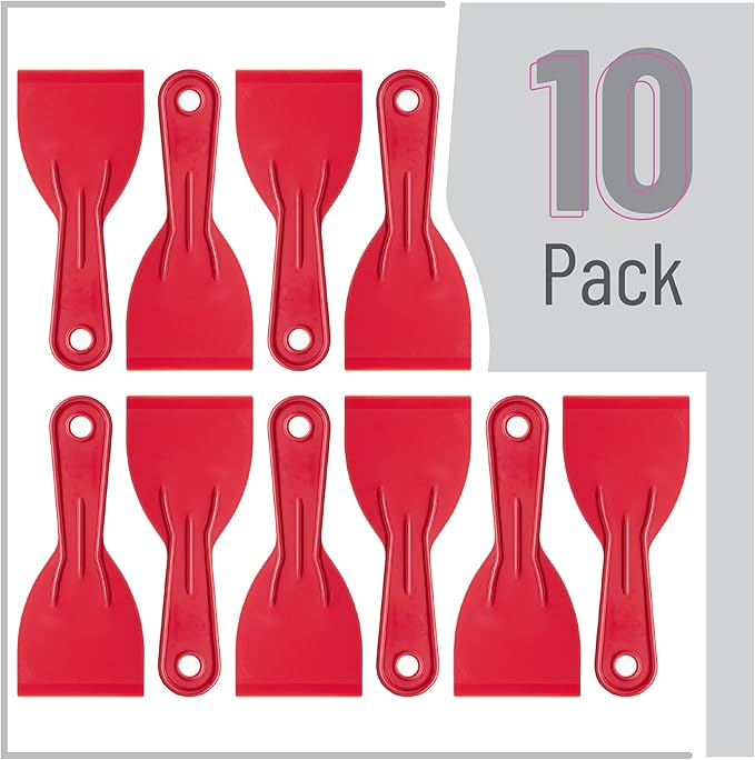 Bates- Plastic Putty Knife Set, 3 Inch, 10 Pack, Red, Flexible Paint Scraper Tool for Spackling, Spackle Tool, Plastic Putty Knife Scraper, Solvent Resistant