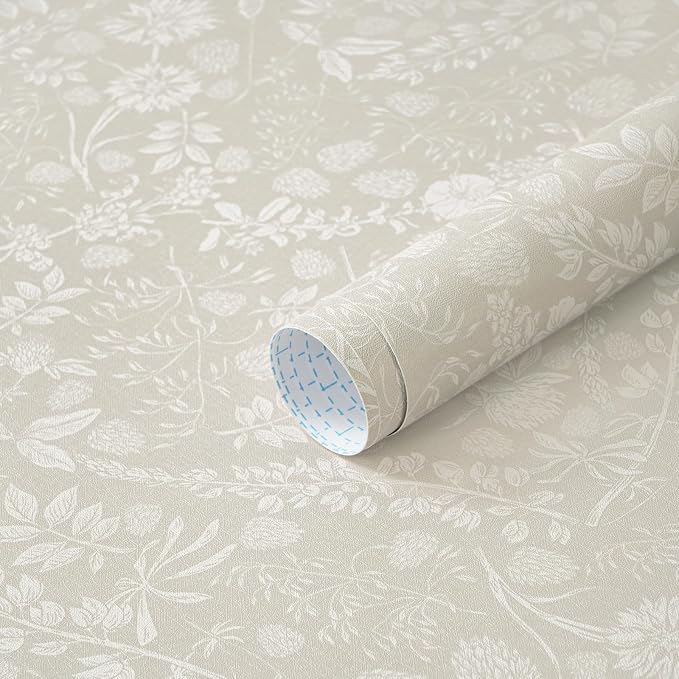 Guvana Beige and Cream White Peel and Stick Wallpaper Floral Wallpaper Slef Adhesive Removable Waterproof Contact Paper Boho Wall Paper for Dining Room Bedroom Living Room Bathroom Kitchen 17.3“×197”