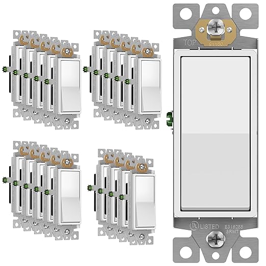 Enerlites Light Switch On/Off Paddle Wall Switch 91150-W | 15 Amp, 120V/277V, AC, Single Pole, 3 Wire, Grounding Screw, Residential and Commercial Graded Light Switch, UL Listed | White - 20 Pack