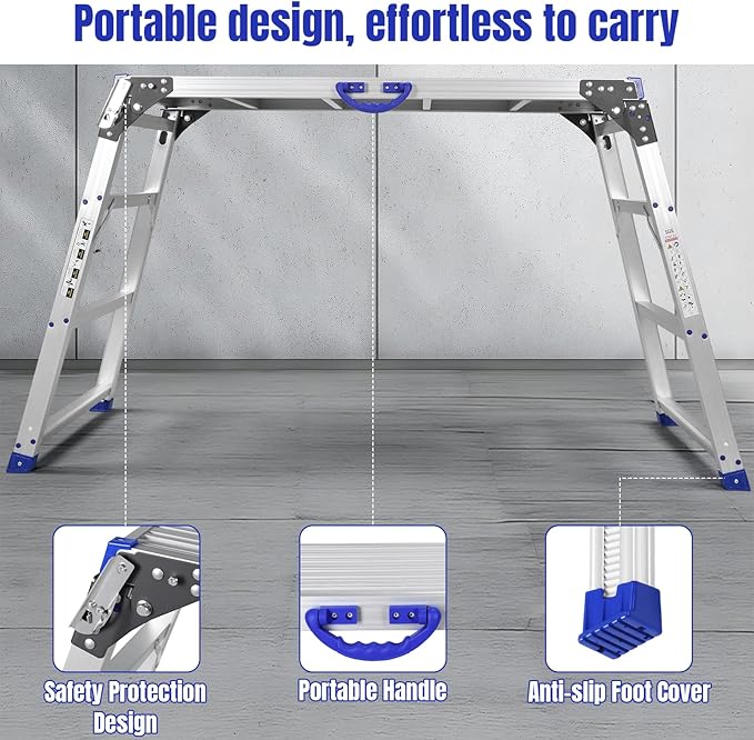 Heavy-Duty Adjustable Work Platform 330lbs Capacity - Ultra-Wide Portable Folding Aluminum Scaffolding Platform with Non-Slip Surface, Multi-Position Ladder for Construction & Maintenance