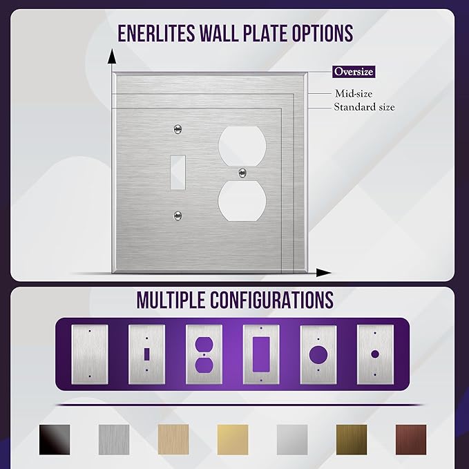 ENERLITES Combination Toggle Light Switch or Duplex Receptacle Outlet Metal Wall Plate, Corrosion Resistant, Over Size 2-Gang 5.5" x 5.5", 771121O, 430 Stainless Steel, UL Listed, Silver