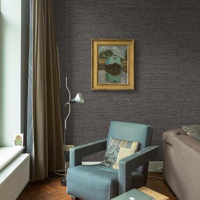 WADILE Grasscloth Peel and Stick Wallpaper 23.6in x 472in, Textured Contact Paper for Cabinets, Faux Linen Wall Paper Pull and Stick, Fabric Vinyl Wallpaper Self Adhesive Brown Gray