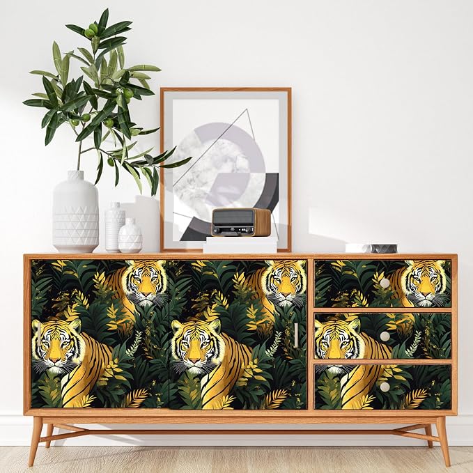Gold Vintage Tiger Peel and Stick Wallpaper 17.5" x 118" | Waterproof Vinyl Self Adhesive Removable Renter Friendly Floral Contact Paper