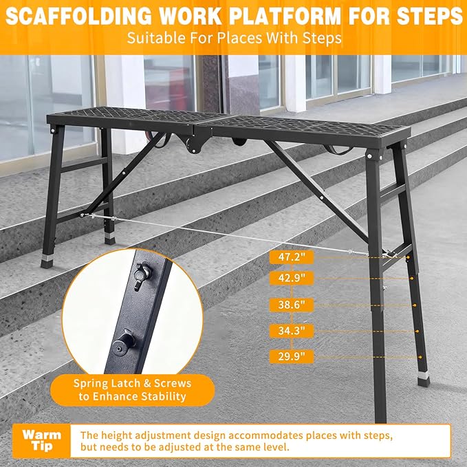 Scaffolding Work Platform, 29.9" to 47.2" Height Adjustable Work Platform, Foldable Scaffold for Building Construction, Interior Painting, Home Improvement（450LBS Capacity, Black,5 Heights Options)