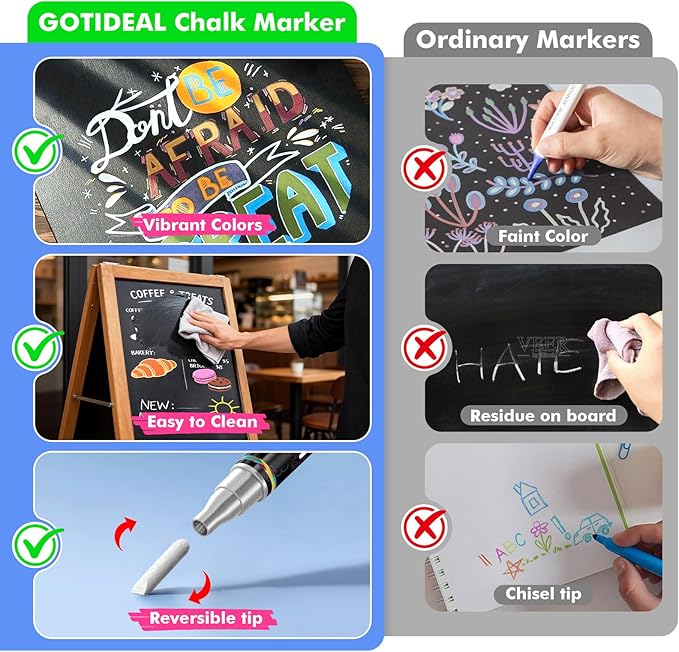 GOTIDEAL Chalk Markers,10 Colors Liquid Chalk Markers for Blackboard,Erasable Chalk Board Pens,Window markers for Glass Washable,Car,Glass,Calendar,Sign,Menu Diy Painting(6 mm Bold&Chisel Tip)