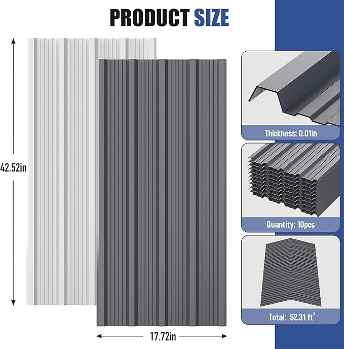 Brakki Metal Roofing Panels 10pcs 52.4 ft², Grey Corrugated Galvanized Steel Roof Panels with Screw, Heavy Duty Metal Siding Suitable for Garages Chicken Coop Sheds Stables Patio