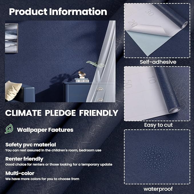 Dark Blue Peel and Stick Wallpaper - Removable Waterproof Self Adhesive Contact Paper - Silk Boys Wall Covering Poster Board - Kitchen Countertop Vinyl Wrap for Bathroom Cabinet 15.7" x 787.4"