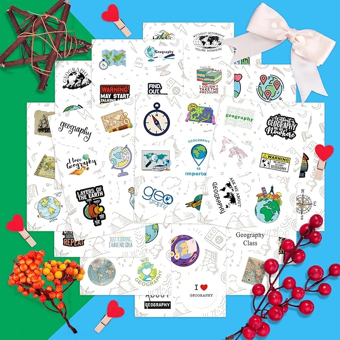 BulbaCraft 100Pcs Geography Stickers for Water Bottle and Laptop - Geography Party Supplies & Decorations, Waterproof Vinyl Decals, Maps and Landmarks Stickers, Gifts for Women & Men