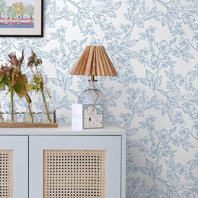 Ismoon Floral Peel and Stick Wallpaper Blue and White Contact Paper Modern Flroal Wall Papaer Textured Removable Self Adhesive Vinyl Stick on Wallpaper for Bedroom Cabinet 17.3x78.7in