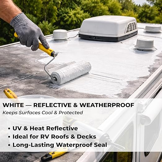 White RV Roof Coating - Solar Reflective Liquid Rubber Waterproof Sealant - UV & Heat Resistant Protective Paint for Camper, Trailer & Metal Roofs - Cool Roof Elastomeric Membrane - 1 Quart