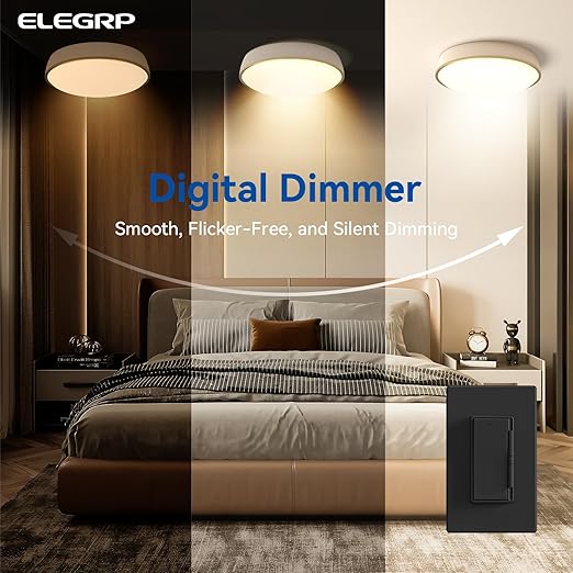 ELEGRP Dimmer Light Switch for 300W Dimmable LED/CFL Lights and 600W INC/HAL Bulbs, Single Pole/3-Way LED Slide Dimmer Light Switch, Wall Plate Included, UL Listed, 2 Pack, Matte Black
