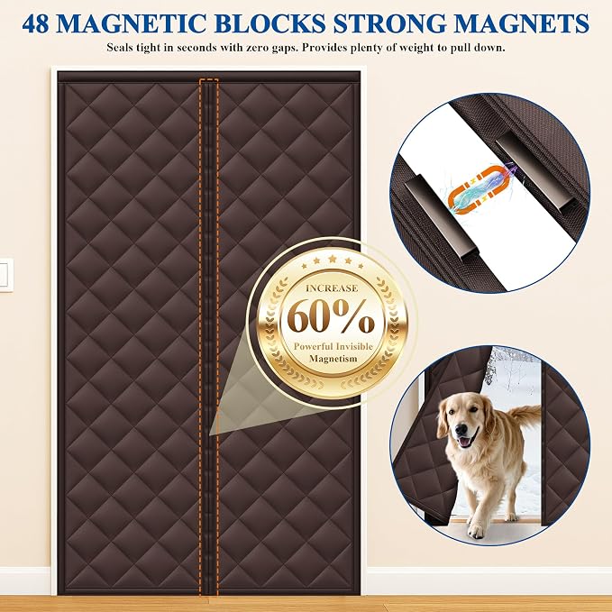 Customizable Magnetic Thermal Insulated Door Curtain, 5 Layers Oxford&Cotton Cover Blanket Insulation for Winter/Doorway/Attic/Patio/Sliding Glass/Front/Back/French Doors, Keep Cold Air Out, Brown