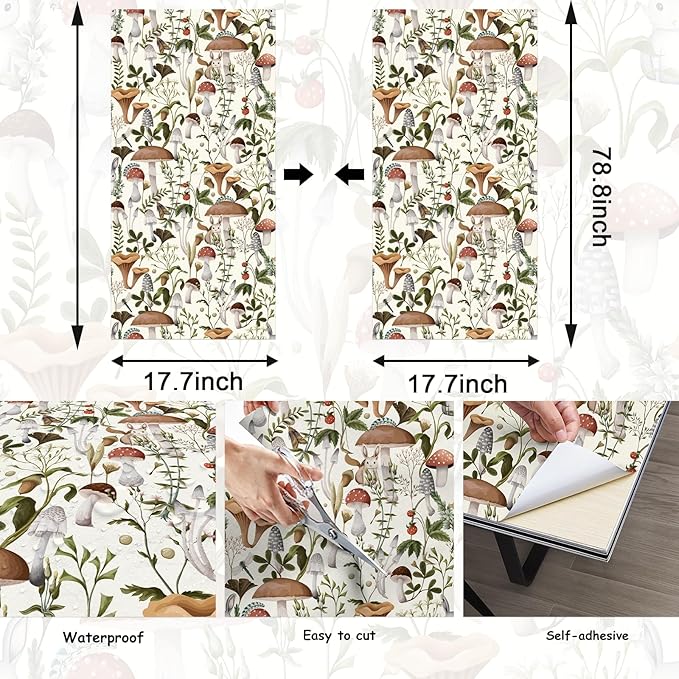Mushroom Wallpaper Peel and Stick Forest Contact Paper 17.7"×78.8" | Self Adhesive Wallpaper Removable Vintage Beige Leaf Contact Paper for Cabinets Kitchen Mushroom Wallpapers Waterproof Vinyl
