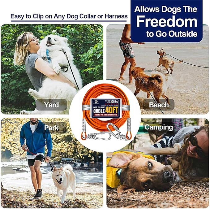 Tie Out Cable for Dogs Up to 300lbs,40ft Extra Strong 1000lbs Break Strength Tie-Out Tether Trolley Training Lead,Dog Run Cable for Yard Garden Park Camping Outside (Orange, 300lbs 40ft)