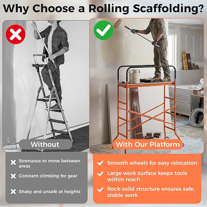 HOMCOM 4-Step Steel 4.6 x 2 x 6 ft. Scaffold 2 Wheels Free Moving for Indoor & Outdoor Decoration Anti-Skid, 440 Pound Capacity, Orange