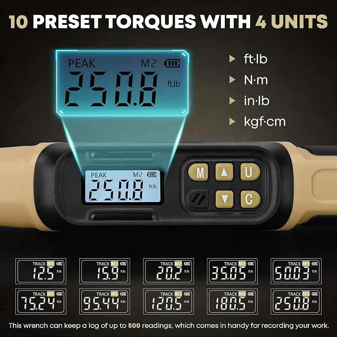 Digital Torque Wrench 1/2 Drive, 12.5-250.8 ft·lb (17-340N.m) ±1% Accuracy Electronic Torque Wrench with Buzzer and LED Heavy Duty Torque Wrench Set with Socket for Car Repair Trucks large machinery