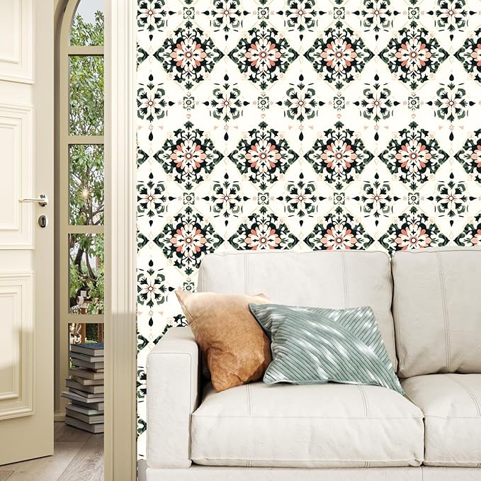 BOKEBEVE Boho Floral Peel and Stick Wallpaper Beige Green 17.5 x 118In | Symmetry Contact Paper Modern Wall Paper for Bedroom Accent Walls Laundry Nursery Pantry Renter Friendly Removable