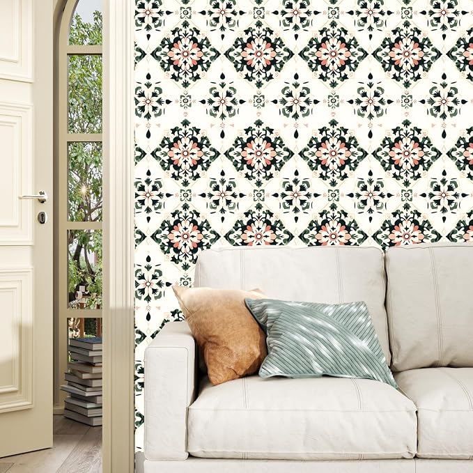 BOKEBEVE Boho Floral Peel and Stick Wallpaper Beige Green 17.5 x 393.5In | Extra Long Symmetry Contact Paper Modern Wall Paper for Bedroom Accent Walls Laundry Nursery Pantry Renter Friendly Removable