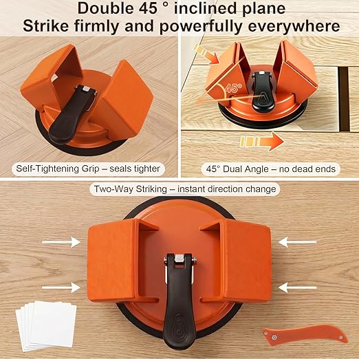 Heavy Duty Floor Gap Fixer Tool with Enhanced Suction Cup - 45° Dual-Sided Striking Surface Floor Gap Repair Tool - Complete Kit with 5 Sticky Pads & Cleaner for Laminate, Vinyl, LVP & Hardwood Floors