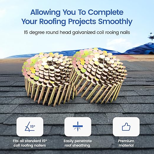 meite 7,200PCS Coil Roofing Nails 1-3/4 Inch Leg for Roofing Nailer Gun, 15 Degree Round Head Wire-Weld Collated Roofing Nails, Smooth Shank Electro Galvanized Nails for Roofs Repair Asphalt Shingles