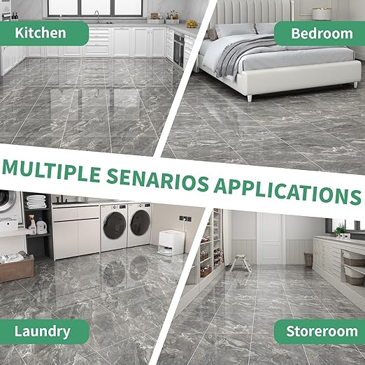 40-Pack 40 Sq.Ft Peel and Stick Floor Tiles Vinyl Glossy Pattern Flooring, 12” x 12” Self Adhesive Vinyl Flooring DIY for Kitchen, Bathroom, Laundry, Polish Dark Grey Marble