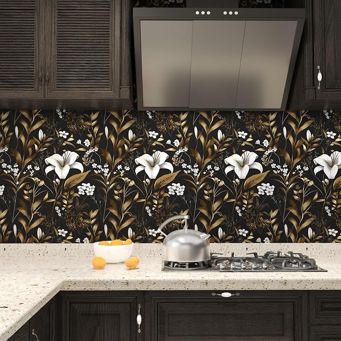 Vintage Dark Black Golden Floral Peel and Stick Wallpaper 17.5"x787" | Self Adhesive/Removable/Waterproof/Thick Vinyl Extra Long Contact Paper for Bathroom Bedroom Shelf Cabinet Drawer,Prepasted