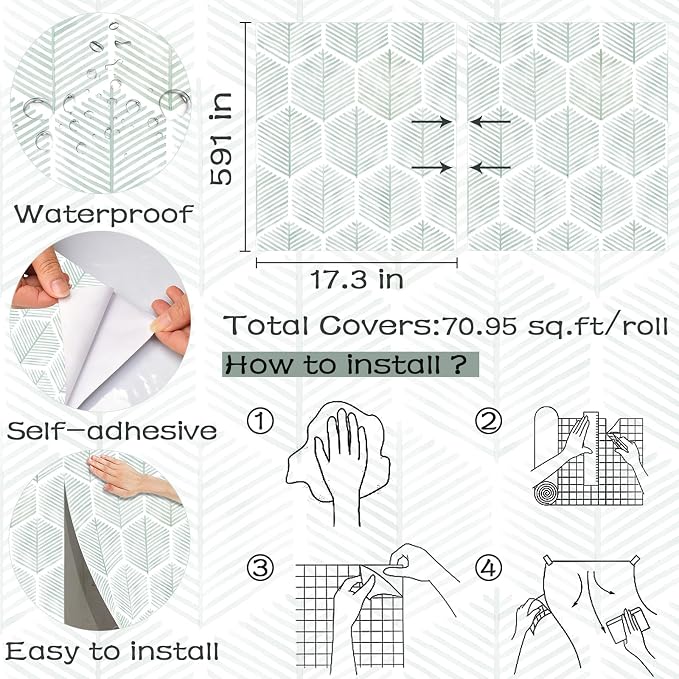 Modern Peel and Stick Wallpaper 17.3''×591'' Geometric Wallpaper Boho Contact Paper Green and White Self-Adhesive Wall Paper Removable Decorative Wallpapers for Bedroom Bathroom Cabinets Decor Vinyl