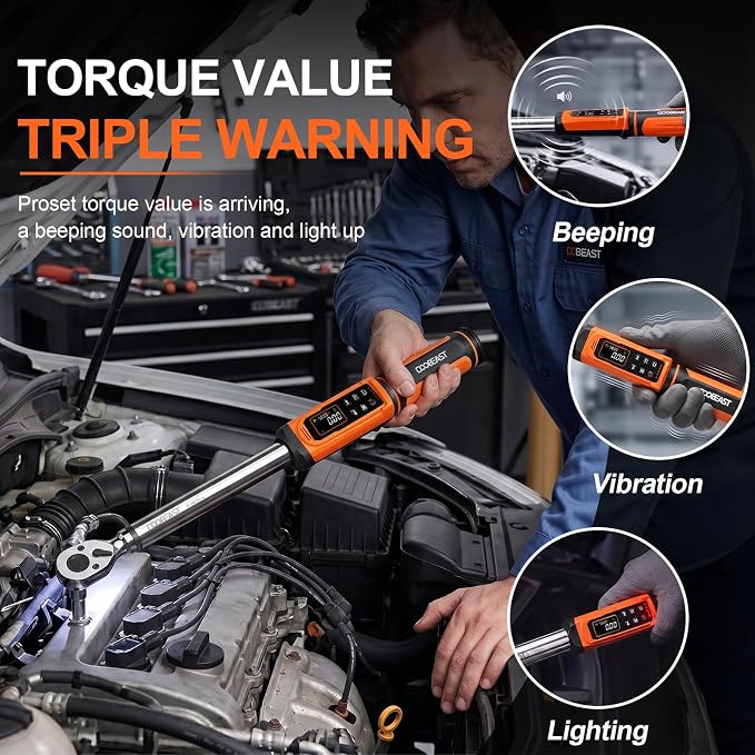 coobeast 1/2 Drive Digital Torque Wrench(3.76-250.8 Ft.lbs./5.1-340Nm) | Preset Value Torque Wrench with ±2% accuracy, Buzzer and LED Flash Five Units of Measure for Motorcycle, Auto Repair