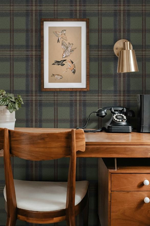 NextWall Harry & Grace Herringbone Plaid Premium Matte Non-Woven Peel and Stick Wallpaper (Adobe & Antique Green)