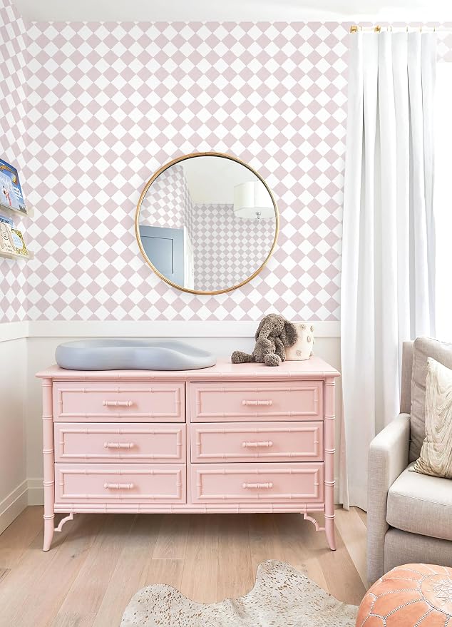 Safiyya Pink Wallpaper Geometric Checkered Peel and Stick Wallpaper Self Adhesive Removable Contact Paper Pink Check Wall Paper for Bedroom Nursery Room Cabinet 78.7"x 17.3"