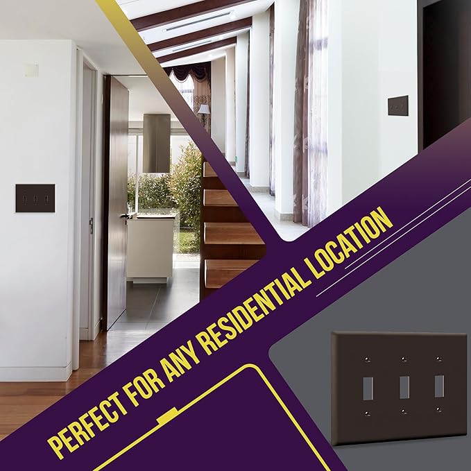ENERLITES Triple Light Switch Wall Plate, Toggle Switch Plate, Gloss Finish, 3-Gang Mid-Size 4.88" x 6.77", Unbreakable Polycarbonate Thermoplastic, UL Listed, 8813M-BR, Brown
