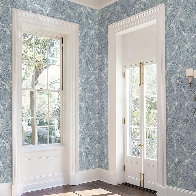 Ismoon Vintage Wallpaper Peel and Stick Dusty Blue Botanical Wallpaper 17.3in x32.8ft Leaf Removable Waterproof Blue/White Contact Paper for Bedroom Kitchen Renter Friendly Wall Decor Vinyl