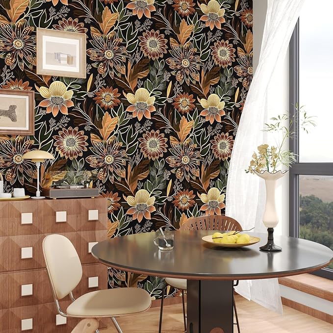 Boho Dark Black Gold Floral Wallpaper Peel and Stick 17.5"x787" | Self Adhesive/Removable/Waterproof/Thick Vinyl Extra Long Contact Paper for Bathroom Bedroom Shelf Cabinet Drawer,Prepasted