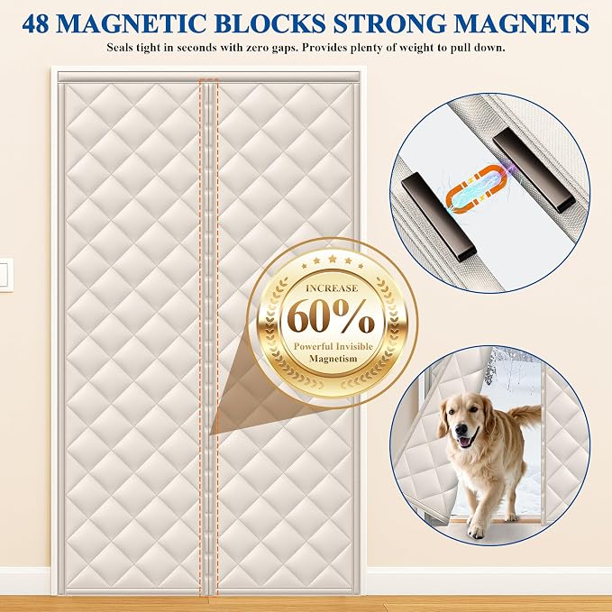 MAGZO Magnetic Thermal Insulated Door Curtain, Fits 34" x 82" Door, Beige | Curtain Size 36'' x 84'', Waterproof Oxford Filled with Thick Cotton, Energy/Bills Saving, Improved Indoor Temperature