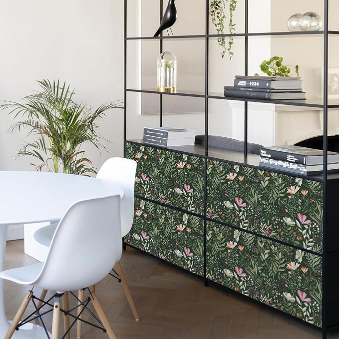 Fititem Green Floral Peel and Stick Wallpaper Boho Dark Vintage 17.3”×591” | Floral Self Adhesive Contact Paper Botanical Nature Removable Wildflower Wallpaper Waterproof Wallpaper for Bathroom Bedroom