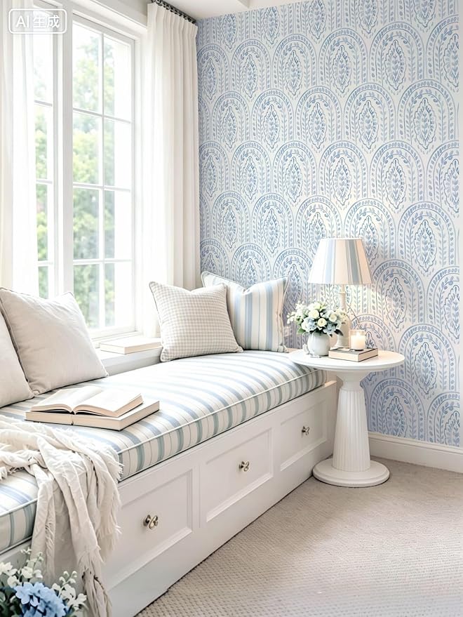 Peel and Stick Wallpaper Modern Wall Paper Boho Contact Paper Removable Wallpaper Peel and Stick Blue and White Self-Adhesive for Bathroom Bedroom Kitchen Wall Decor 17.3" x 118"