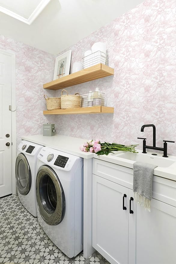 393"x17.3" Peel and Stick Wallpaper Floral Contact Paper Boho White Pink Flower Wallpaper Removable Wall Paper Self Adhesive Modern for Cabinets Drawers Bedroom Thicken Vinyl