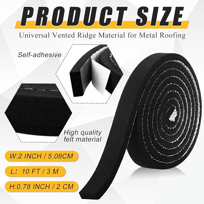 2 Pcs Metal Roofing Universal Vented Ridge Closure Strips 2 W x 10' l (20'l Total) Roof Panel Closure Self Adhesive Felt Tape Waterproof Windproof Seal for Metal Panels Insulation Weather Barrier