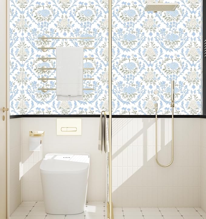ILHIIOR White Floral Peel and Stick Wallpaper Boho Leaf Contact Paper Blue Flower Removable Self Adhesive Waterproof Wall Paper for Cabinet Drawers Wall Decor Renter Friendly 17.5''x118''